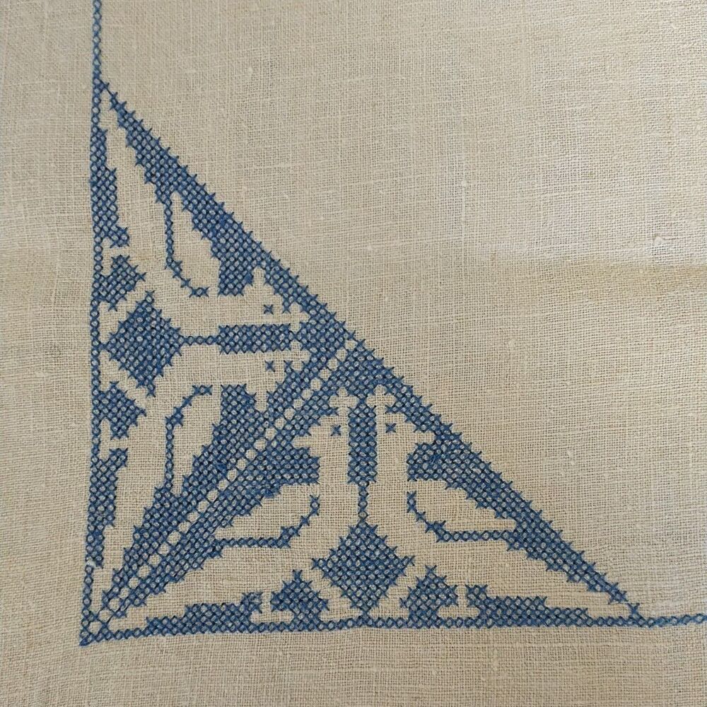 Vtg Tablecloth Cross Stitch Blue White Birds Scandinavian Large Rectangle 65x91"